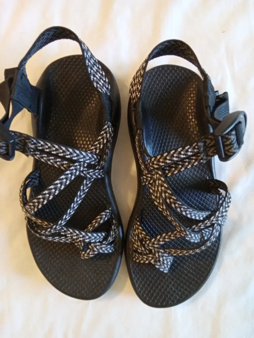 Women's Chaco strapoy sandals, blac, white and grey, size 6, pre-owned